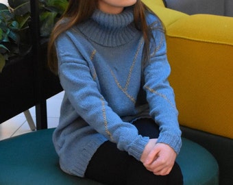Blue Wool Turtleneck Sweater with Gold Thread - Size M