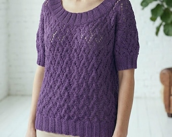 Hand-Knitted Openwork Cotton Blouse: Purple Summer Top, L - XL