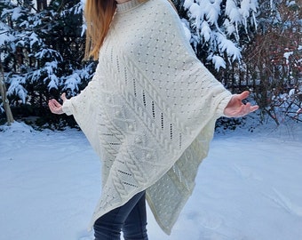 Knitted Poncho with Sleeves: Braided Acrylic Sweater, S-M-L-XL