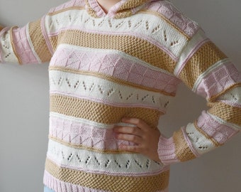Knitted Cotton Hoodie: Striped Openwork Sweater