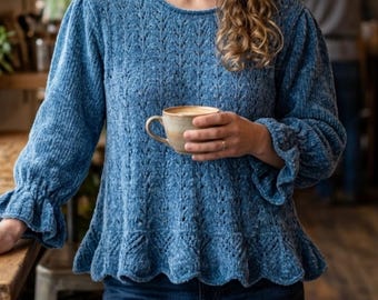 Hand-Knitted Chenille Sweater, Blue Openwork Blouse with Frills, Size XXL