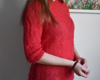 Hand-Knitted Mohair Sweater: Red Heart Pattern Blouse (S/M)