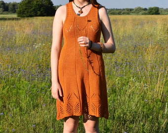 Handmade Cotton Knitted Dress: Copper Openwork Summer Dress (Size M)