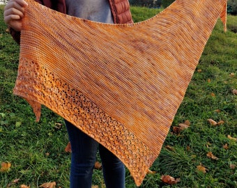 Merino Wool Knitted Shawl: Orange Brown Melange Openwork Wrap