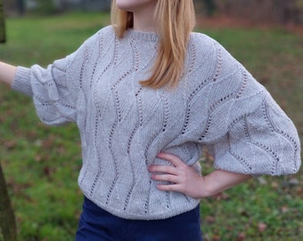 Hand-Knitted Mohair Sweater: Beige Openwork Knit, Wide Sleeves (S/M)