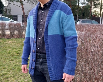 Hand-Knit Wool Cardigan: Cobalt Blue Shawl Collar Sweater (L/XL)