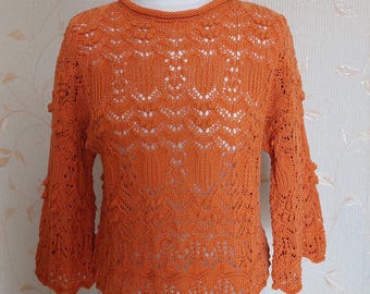 Knitted Orange Sweater with Openwork Pattern, Cotton Pullover Size S - M, Women's Clothing