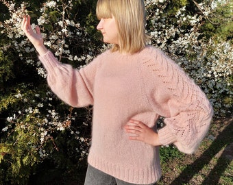 Gestrickter Pullover, flauschiger rosa Pullover, Pullover aus Alpaka und Mohair, Damenpullover mit Durchbruch, lockerer Pullover, Größe L, Damenbekleidung