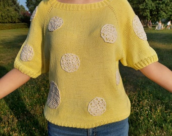 Hand-Knit Cotton Rosette Top: Yellow Crochet Summer Sweater (M-L)