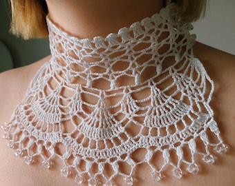 Crochet Lace Collar: White Beaded Choker, Neckline Accessory