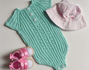 Knitted Cotton Baby Romper: Aquamarine Playsuit (6-9 Months)