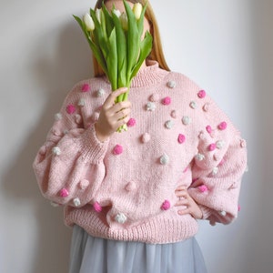Knitted Sweater, Women&#39;s Sweater with Small Balls, Pink Loose Pullover, Sweater in Size L - XL, Women&#39;s Clothing