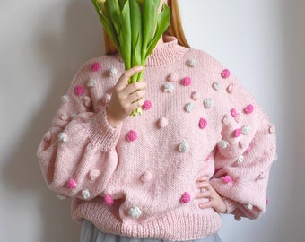 Handmade Pink Knitted Sweater with Pom Poms (L-XL)
