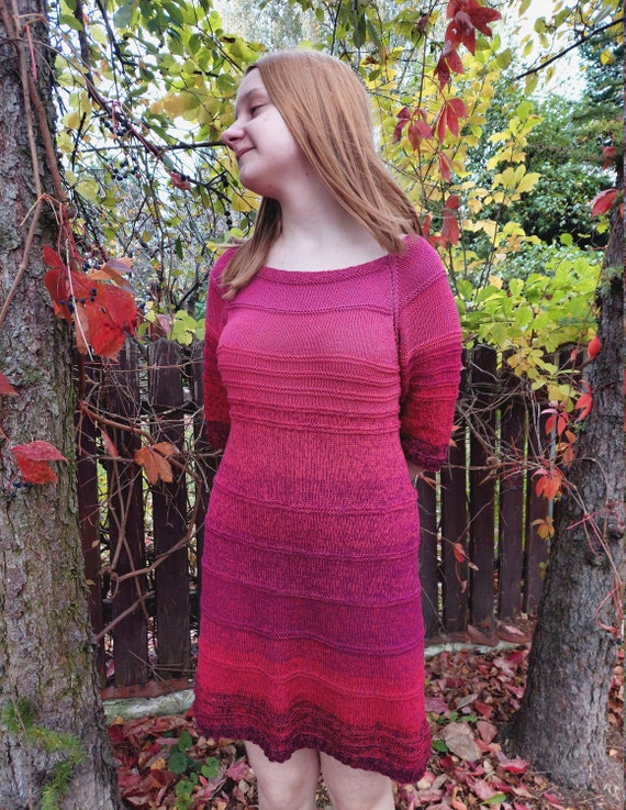 Hand-knitted Cotton Dress: Ombre Pink Red Fitted Knit (M-L) - Etsy