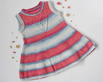 Handmade Knitted Dress: Striped Heart Motif, Size 2-3 Years
