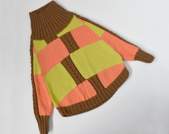 Handmade Girls Knitted Sweater: Cotton Blend Patchwork, Size 5-6