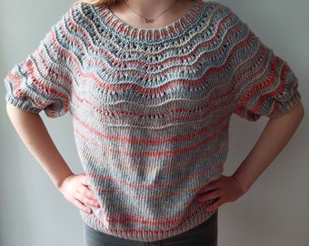 Handmade Knitted Short Sleeve Sweater: Openwork Yoke, Size L/XL