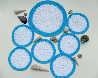 Crochet Doilies Set: White & Turquoise Lace Cup Pads, Table Decoration