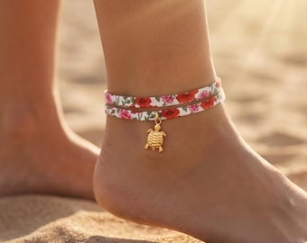 Tobillera Liberty de cordón, joya de tobillo ajustable con cadena de extensión, 1 o 2 tobilleras, dije de tortuga
