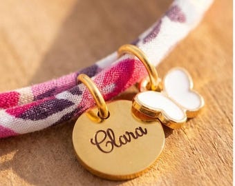 Pulsera personalizada de tela Liberty con colgante de mariposa, pulsera infantil, regalo de cumpleaños