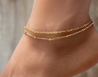 Chaine de cheville double rang en acier inoxydable, bracelet de cheville