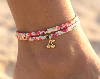 Tobillera con estampado Liberty y colgante de cereza, tobillera ajustable con cadena de extensión, 1 o 2 tobilleras.