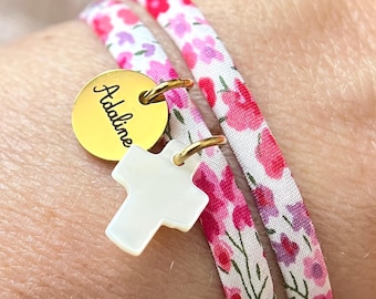Pulsera personalizable de tela Liberty, joyería grabada para mujeres y niñas, incluye colgante de nácar.