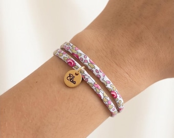 Pulsera personalizada con nudo corredizo, pulsera de tela con estampado Liberty, medallón de acero inoxidable grabado y duradero, regalo para mujer.