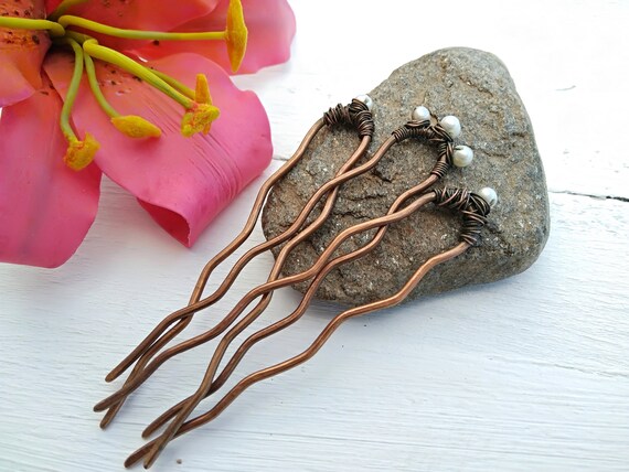 White Pearl Hair Pins Set Pearl Hair Sticks Copper Hair Pins Etsy