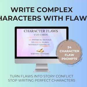 Op de afbeelding: Een computerscherm toont "Character Flaws Cue Cards" met 24 fysieke signalen om fouten te laten zien. Een cirkelvormige afbeelding leest "24 Character Flaw Prompts". De afbeelding promoot het veranderen van fouten in verhaalconflicten.