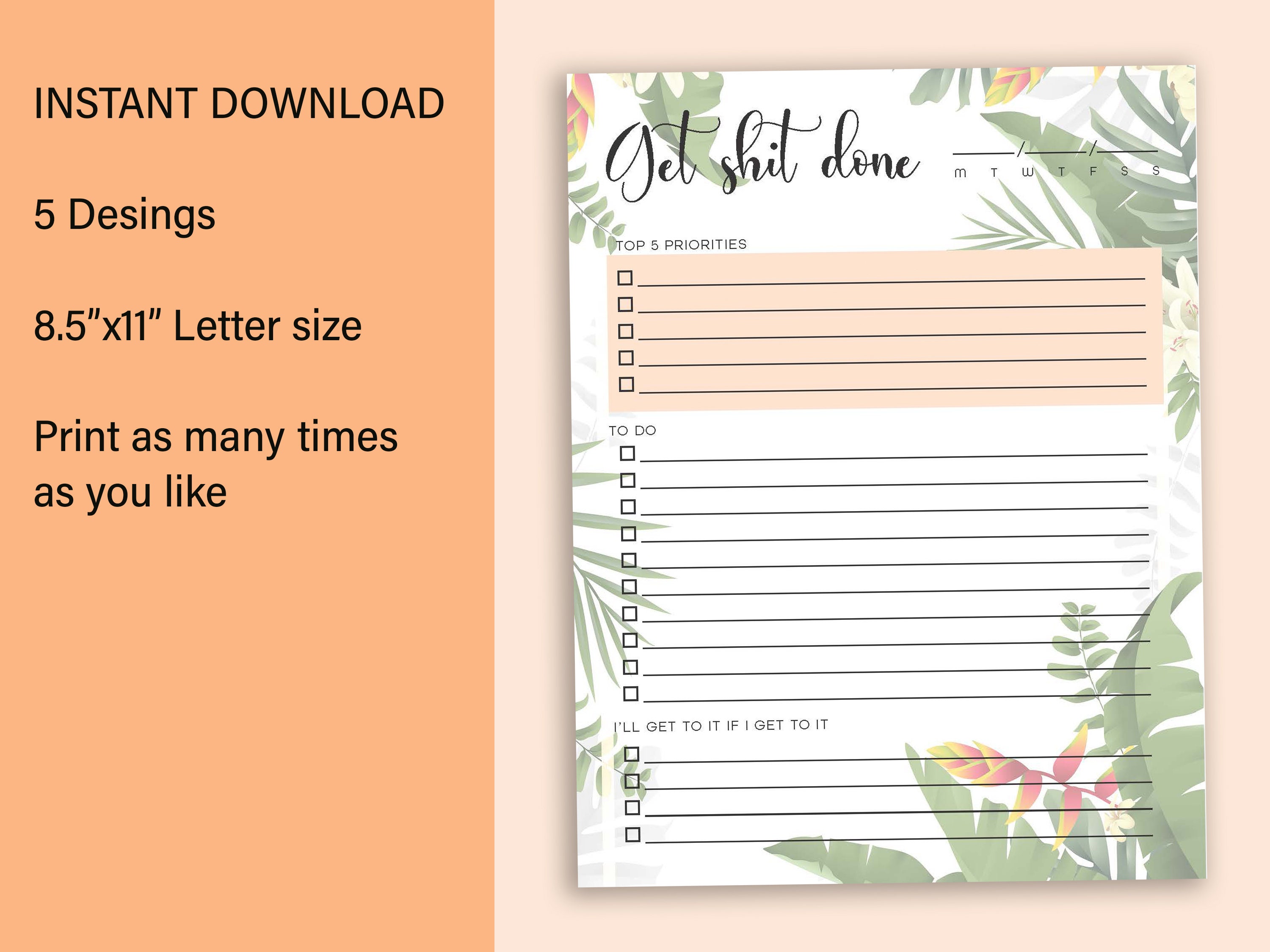 To Do List Get Shit Done Daily Printable to Do PDF Planner Checklist Print at Home by Kiss My ...