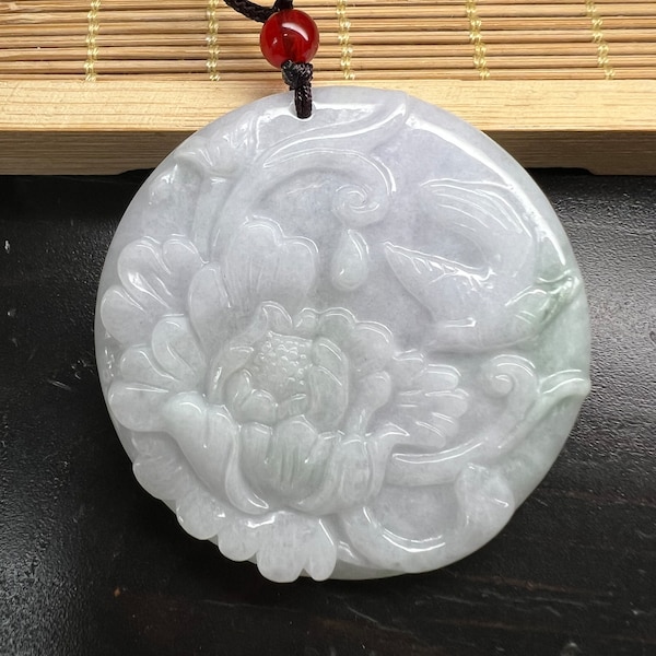 Genuine Grade A Jade Carving Bird Beautiful Peony Flower Pendant Necklace, Authentic Burma Jadeite, Real Natural Gemstone, Fine Polished