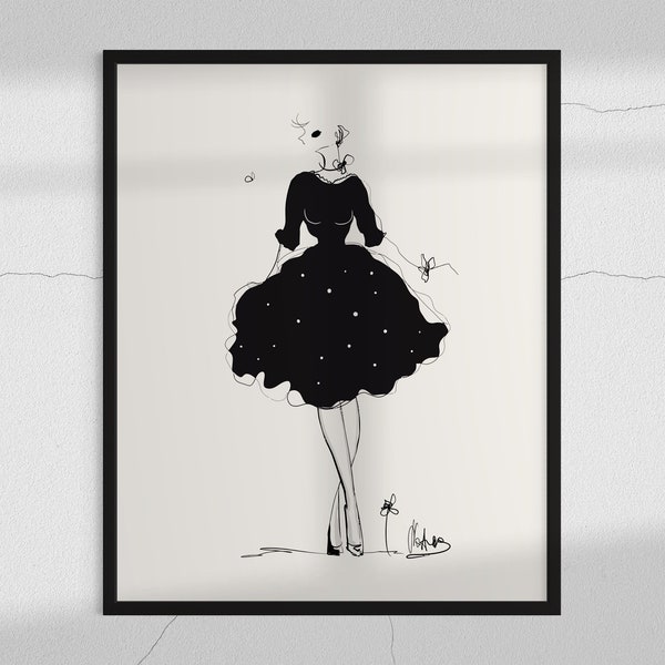 Woman Poster Fashionista Minimalist Black White Instant Download Elegance Parisienne Gallery Wall Print Dress Simple Modern Continuous Line