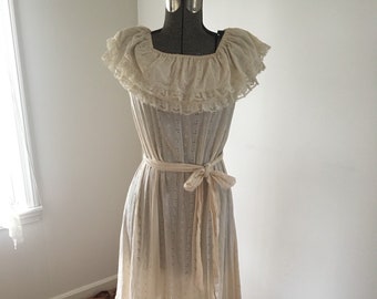 70s vintage cream eyelet dress/ size M/ boho/ prairie/ off the shoulder / Fashioned by Karen Ann Erb