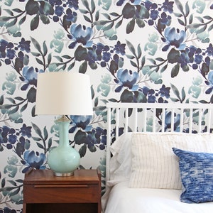 Blue Green Floral Removable Wallpaper: Vintage Botanical Peel and Stick