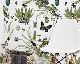 Fern Wallpaper: Hand Painted Greenery Forest, Removable White Wallpaper
