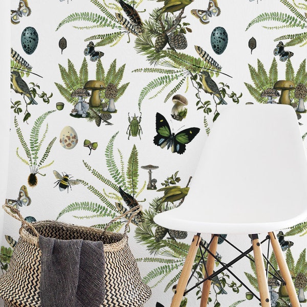 BOTANICAL WALLPAPER, REPEATING Pattern, Fern Wallpaper, Customizable Hand Painted Greenery Forest Naturalist Removable White Wallpaper