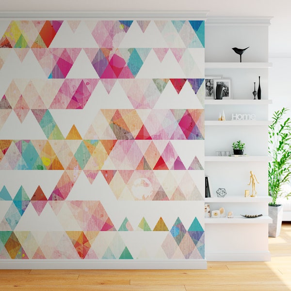 TRIANGLE WALLPAPER, Repeating PATTERN, Abstract Wallpaper, Custom Distressed Geometric Colorful Modern Self Adhesive Vivid Wall Mural