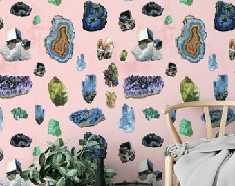 Minerals Wallpaper: Geodes & Crystals on Blush (Peel and Stick or Traditional)