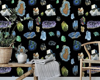 Material MINERALS On BLACK Removable WALLPAPER – Self Adhesive Peel Stick Wallpaper In Multiple Sizes