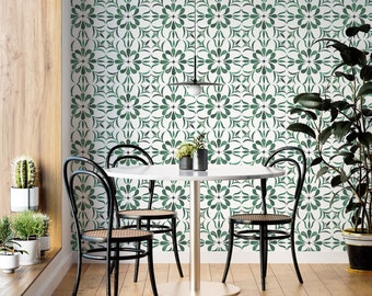Green Mexican Tile Wallpaper: Boho Removable Wall Mural