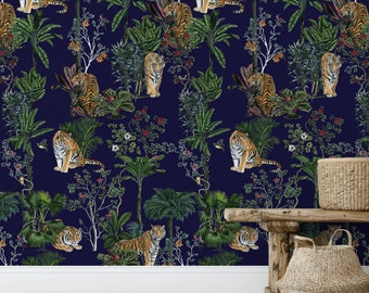 Tiger Tropical Wallpaper, Chinoiserie Palm Mural, Washable Wall Covering