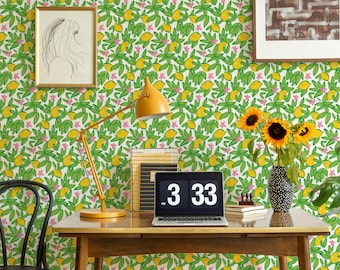 Lemon Wallpaper: Exotic Fruit, Botanical Citrus & Flowers, Removable Wall Mural