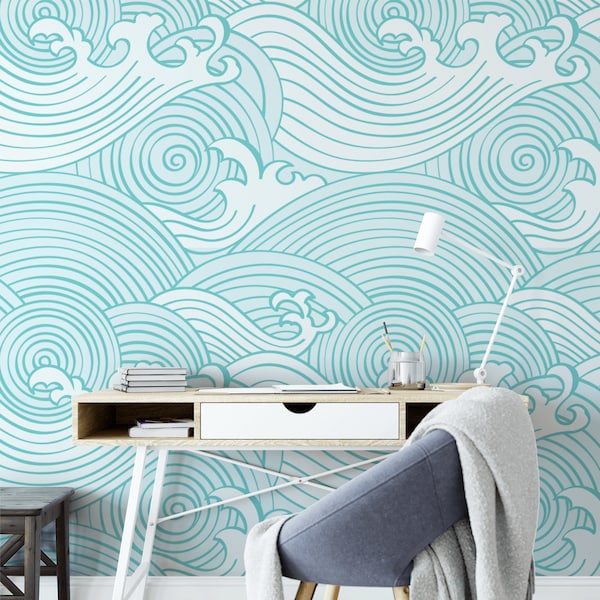 WAVES WALLPAPER, OCEAN Wall Mural, Sea Themed Decor, Custom Nature Wave Removable Wall Paper, G123v3