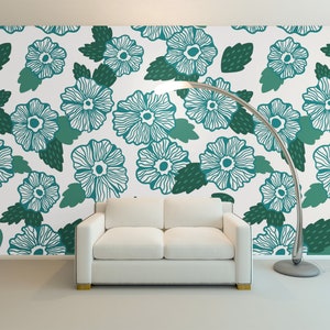 TEAL WALLPAPER, FLOWER Wall Mural, Removable Wall Paper, Personalized Teal Floral Design Aesthetic Line Art Floral Wall Decor Paper