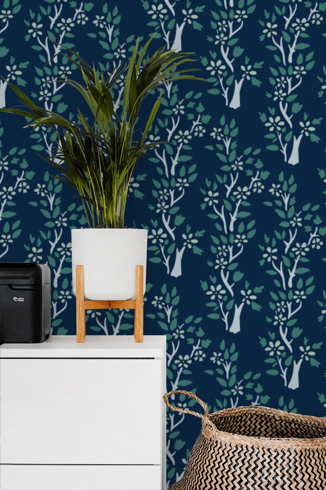 Green Leaf Trees on Navy Removable Wallpaper 513 Etsy