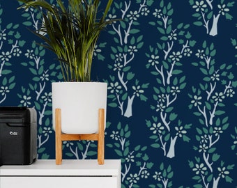 Navy Woodland Wallpaper, Green Leaf Tree Wall Mural