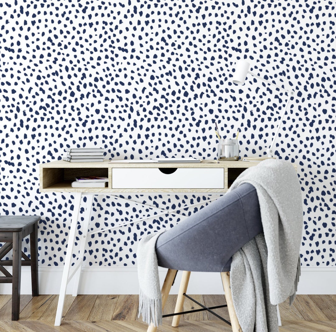 Polka DOT WALLPAPER, Navy Wallpaper, DALMATIAN, Dog Wallpaper, Peel and