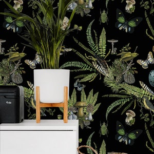 BOTANICAL WALLPAPER, REPEATING Pattern, Fern Wallpaper, Customizable Hand Painted Greenery Forest Naturalist Removable Black Wallpaper