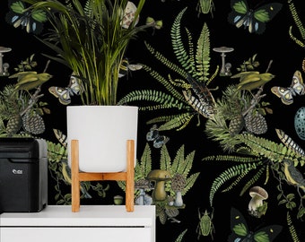 Botanical Fern Wallpaper: Hand Painted Greenery, Black Removable Wallpaper